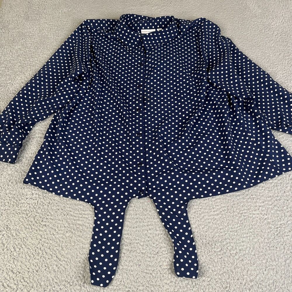 SUSAN GRAVER Blouse Womens 18W Blue White Polka Dot Button 3/4 Sleeve QVC Flowy